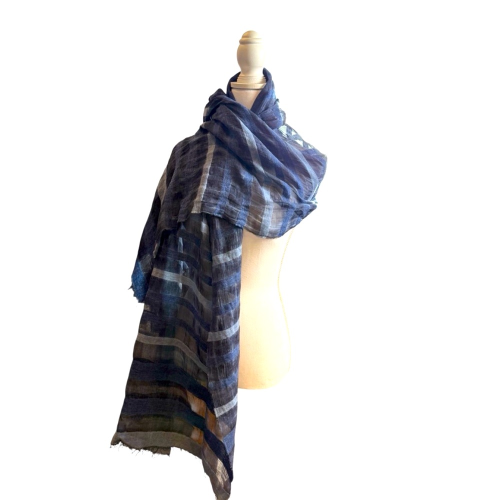 Eileen Fisher Organic Cotton Wool Striped Jumbo Scarf Blue Gray - Picture 5 of 5